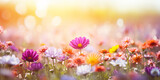 Fototapeta Kwiaty - Colorful flower meadow with sunbeams and bokeh lights in summer - nature background banner with copy space - summer greeting card.ai generative