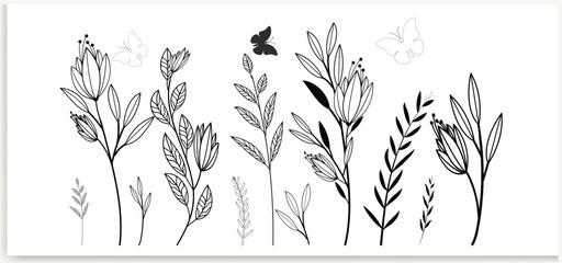 Wall Mural - botanical abstract line art, hand-drawn bouquets of herbs, flowers, leaves, and branches, vector ill