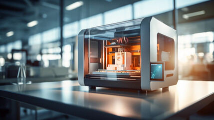a 3D printer in a high - tech lab, printing biological material, precision and innovation, soft focus background, warm lighting