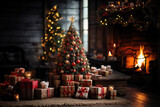 Fototapeta Przestrzenne - Christmas tree inside a rustic living room, surrounded by gifts. Festive joy and cozy ambiance concept. AI Generative