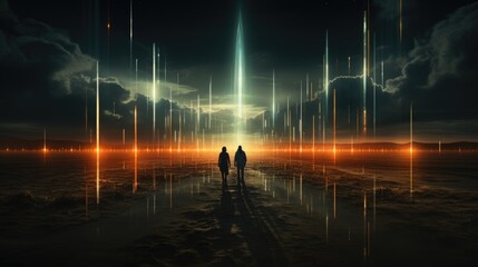Wall Mural - two people standing in the middle of a desert at night. generative ai image.