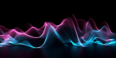 Aufkleber -  Abstract Animation of Colorful Waves on a Black Background, Evoking a Mesmerizing Blend of Light Sky-Blue, Dark Blue, and Electric Light in a Dark Sky-Blue and Dark Pink Setting