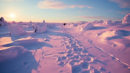 Wall Mural - A person walking through a snow covered field. Generative AI image.