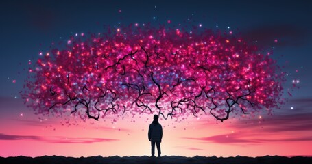 Wall Mural - a person standing in front of a pink tree. generative ai image.