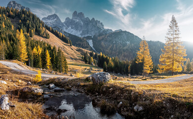 Wall Mural - View on rever in forest, mountains and perfect sky on background. Wonderful nature landscape. Amazing natural Background. Popular travel destination. Filzmoos, Salzburg, Austria. Picture of Wild Area.