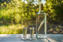 Two Shots Of Crystal Clear Delicious Polish Vodka In Vintage Shoot Glasses And Rustic Style Bottle With Macerated Rye Ear Inside. Served Outside On Wooden Table During Sunny Summer Saturday Evening.