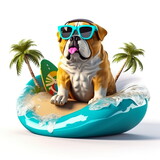 Fototapeta  - The concept dog in sunglasses and a baseball cap sits on a surfboard surrounded by palm trees on a light background.Generative AI