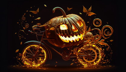 Wall Mural - Conceptual Halloween wallpaper with a pumpkin with a glowing face with a sinister look riding a bike in the night.Generative AI