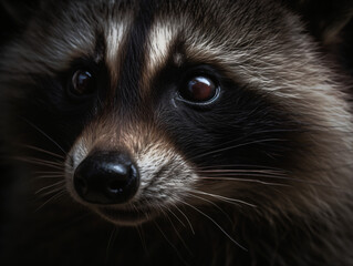 Wall Mural - a close up of a raccoon's face isolated on a black background generative ai