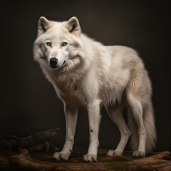 Wall Mural - a majestic white wolf standing on a wooden log isolated on a black background generative ai