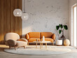 Beige lounge chair near orange loveseat sofa against wood and stone paneling wall. Mid-century style home interior design of modern living room. Created with generative AI
