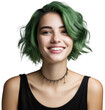 Portrait of a beautiful smiling young woman with green hair isolated on white background as transparent PNG, fictional human