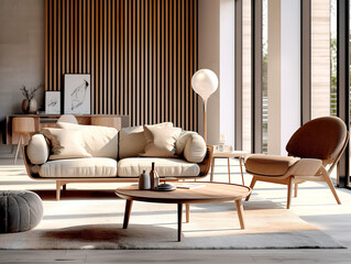 Wall Mural - Brown chair and beige sofa against window in spacious room with wooden paneling wall. Scandinavian style home interior design of modern living room. Created with generative AI