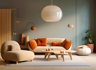 Beige lounge chair near curved sofa with orange vibrant cushions and big ball pendant light. Minimalist home interior design of modern living room. Created with generative AI