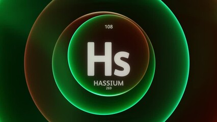 Sticker - Hassium as Element 107 of the Periodic Table. Concept animation on abstract green red gradient rings seamless loop background. Title design for science content and infographic showcase backdrop.