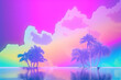 Leinwandbild Motiv Palm trees and rainbow 80s landscape in vaporwave style. Retrowave vacation background with tropical sunset and palms. Generated AI.