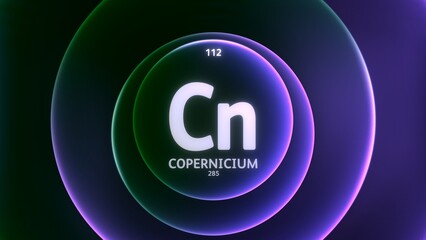 Canvas Print - Copernicum as Element 112 of the Periodic Table. Concept illustration on abstract green purple gradient rings seamless loop background. Title design for science content and infographic showcase displa