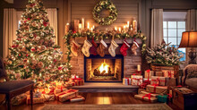 Stylish Christmas Interior With Decorated Tree, Gifts And Fireplace, Made With Generative AI