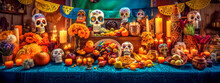 Colorful Decorations For The Feast Of The Dead, Banner Made With Generative AI