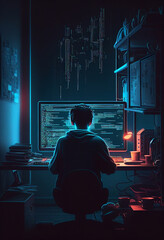 Guy programmer sits at a computer in dimmed light. AI Generated
