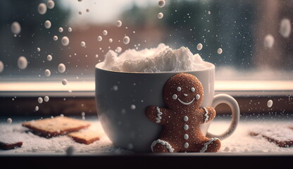 A gingerbread man is sitting near a cup by window with colorful lights.Generative AI