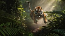 Sumatran Tiger Running In The Jungle, Panthera Tigris Altaica
