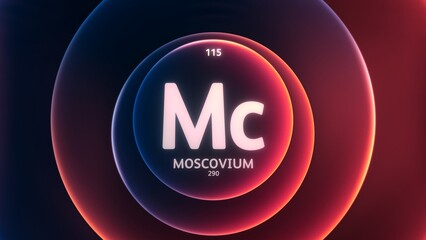 Wall Mural - Moscovium as Element 115 of the Periodic Table. Concept illustration on abstract red blue gradient rings seamless loop background. Title design for science content and infographic showcase display.