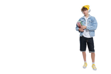 PNG, A teenager in headphones with books isolate on a white background