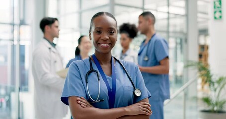 Canvas Print - Black woman, doctor and smile for leadership, meeting or teamwork in confidence at the hospital. Portrait of happy African female person, nurse or medical professional in team management at clinic