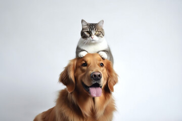 Dog with cat on top of its head. White Background. Generative AI