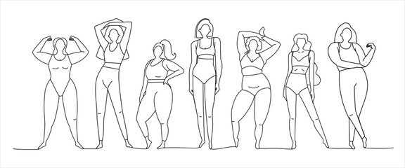 Beautiful different girls in line style. The silhouette of the body of positive women. Feminism and self-love