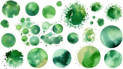 Set of green watercolor splashes isolated on white background. Vector illustration. generative ai