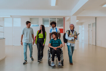 In a modern university, a diverse group of students, including an Afro-American student and a hijab-wearing woman, walk together in the hallway, accompanied by their wheelchair-bound colleague