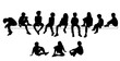 © Galina - Vector silhouettes of a children and a teenagers sitting on a bench, a group of young people, black color on a white background