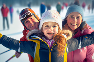 Canvas Print - A happy young girl with her parents after winning a ski competition - Generative AI