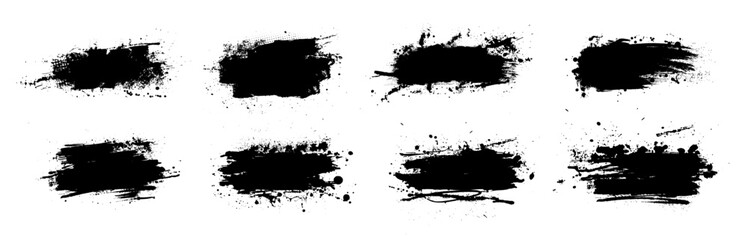black dried paint splattered in dirty style. isolated black ink stencils for graphic design, text fi