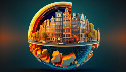 Sticker - Cross section of planet Earth with Amsterdam landmarks - Generative AI