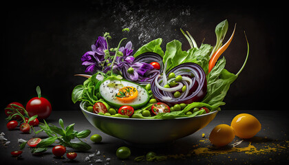 Wall Mural - Healthy vegetable salad of fresh tomato, cucumber, onion, spinach, lettuce and sesame on plate. Diet menu - Generative AI