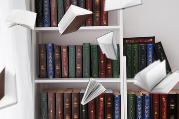 Canvas Print - Many flying books in library