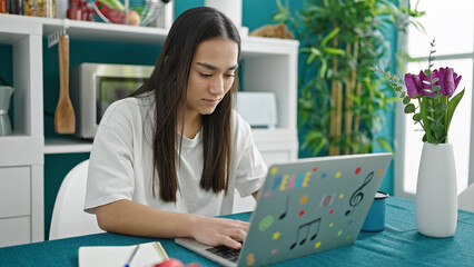 Wall Mural - Young beautiful hispanic woman using laptop sitting on table at dinning room