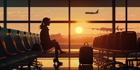 Sticker - Alone woman using smartphone sitting and waiting at the aiport at dusk - Generative AI