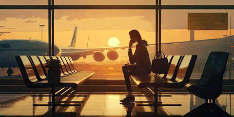 Poster - Alone woman using smartphone sitting and waiting at the aiport at dusk - Generative AI