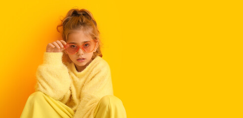 Sticker - Cute fashionable girl on yellow background. Banner for design