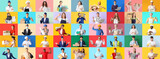 Group of people of different professions on color background