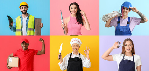 Wall Mural - Collection of people of different professions on color background
