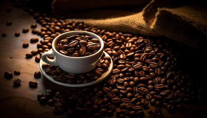 Wall Mural - White espresso cup and coffee beans in metal scoop scattered from burlap bag on dark table background with copy space. Arabica grains, top view. Coffee shop, caffeine, roast concept copy space