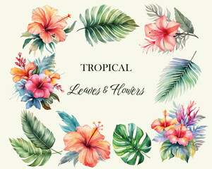 Set of exotic flowers and leaves. Tropical vector flowers. Watercolor floral illustration. Tropical collection