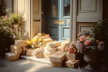 Photographic Capture of a Stack of Packages in Front of a Colorful Door on an English-Style House Adorned with Summer Flowers, Bathed in Sunny Light