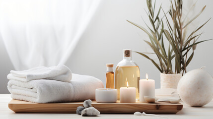 Wall Mural - Wellness and Spa: spa accessories, candles, essential oils, and bath salts in a peaceful setting
Generative AI