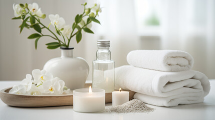 Wall Mural - Wellness and Spa: spa accessories, candles, essential oils, and bath salts in a peaceful setting
Generative AI